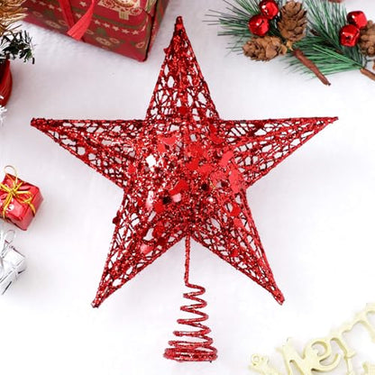URATOT 8-Inch Red Glitter Christmas Tree Topper Metal Star Treetop Holiday Decoration