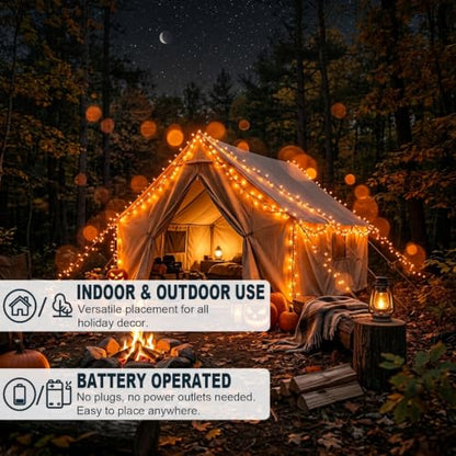 JUSTPRO 100 LED Orange Fall String Lights Battery Operated with Multi-Function Modes - Indoor Decor