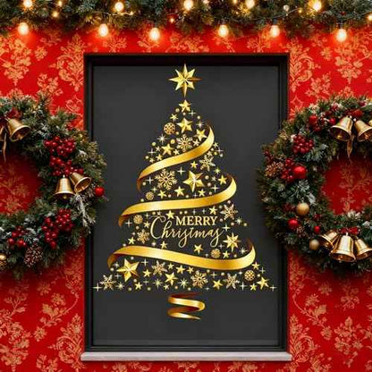 Large Golden Christmas Decorations Tree Window Clings Stickers for Home, Cafe, Mall Glass Door, DIY Static Wall Window Door Mural Showcase Decal Sticker