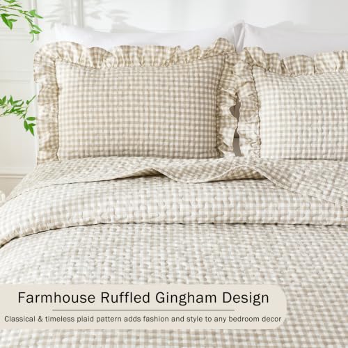 WINLIFE Tan Brown Gingham Twin Quilt Set with Ruffles - 68x90 Inches