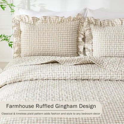 WINLIFE Tan Brown Gingham Twin Quilt Set with Ruffles - 68x90 Inches