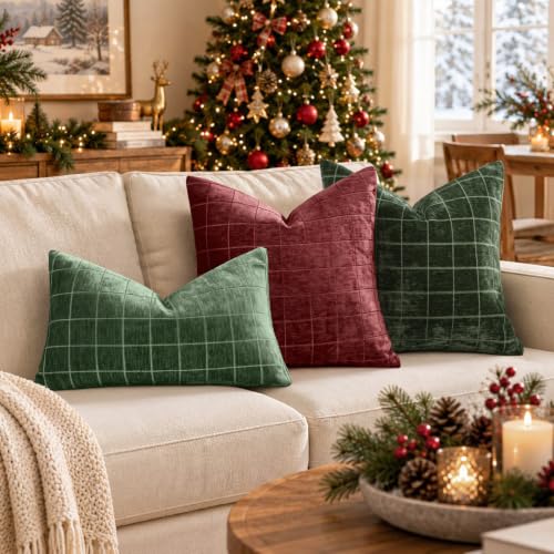 MIULEE Christmas Moss Green Plaid Decorative Lumbar Pillow Covers 20x12 Set of 2