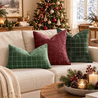 MIULEE Christmas Moss Green Plaid Decorative Lumbar Pillow Covers 20x12 Set of 2