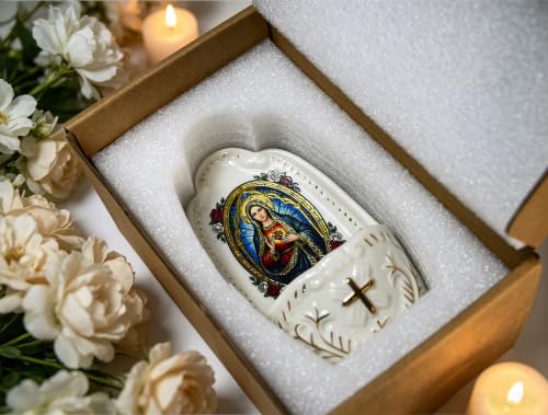 Porcelain Holy Water Font Wall Mount Immaculate Heart Devotional Artwork