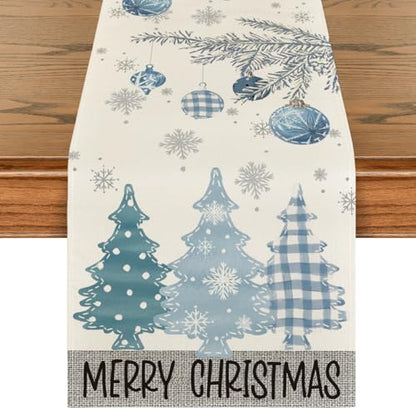 Merry Xmas Pine Tree Table Runner 13x120 Inch Home Party Decor Blue Variation