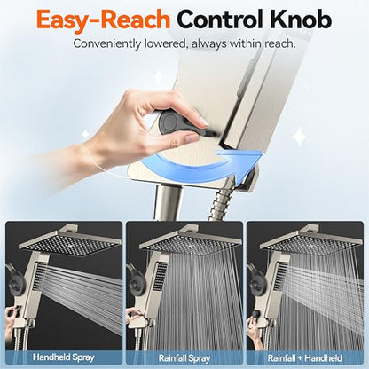 MakeFit Filtered Rain Shower Head with Handheld Combo - Nickel Brushed, High Pressure, 12-Inch Dual Showerheads & Hidden Detachable Wand for Hard Water