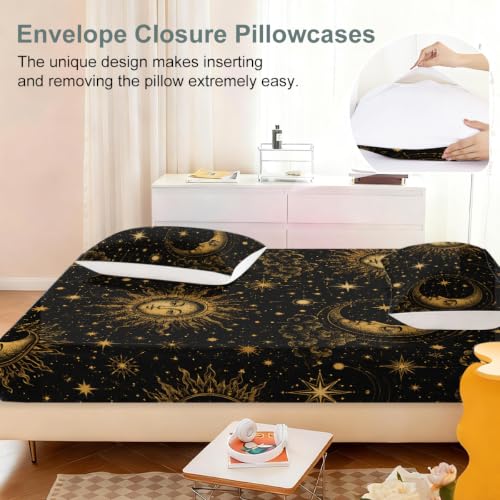 Galaxy Fitted Sheet Set King Space Bedding with Sun Moon Stars - Gold Sun Moon / King
