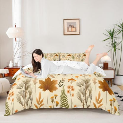 Manfei Fall Maple Leaf Kids Duvet Cover Set Queen Size Vintage Beige with Pillowcases