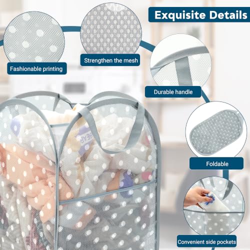Gray Collapsible Mesh Laundry Basket 75L with Dot Print & Side Pocket