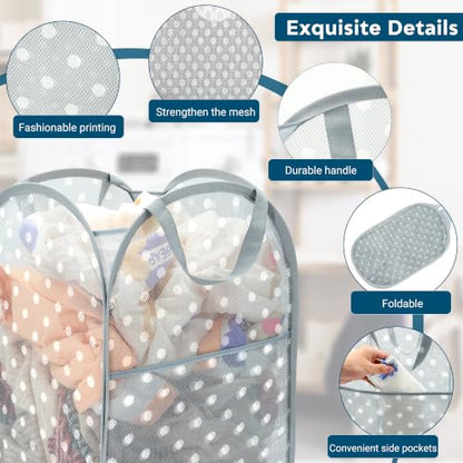 Gray Collapsible Mesh Laundry Basket 75L with Dot Print & Side Pocket
