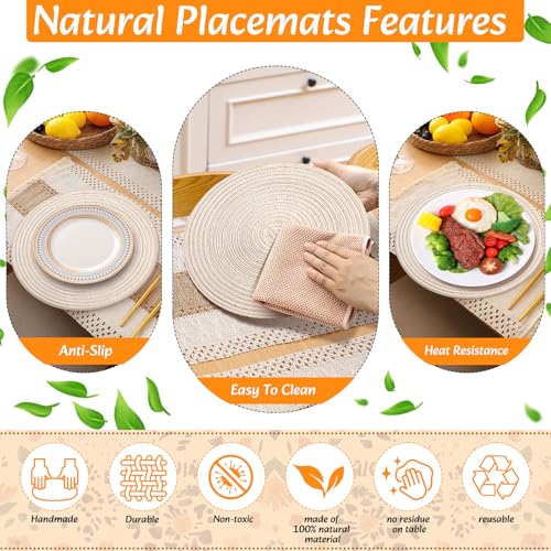 6 Sets Boho Round & Rectangular Woven Placemats Table Decor with Napkins & Rings - Farmhouse Style