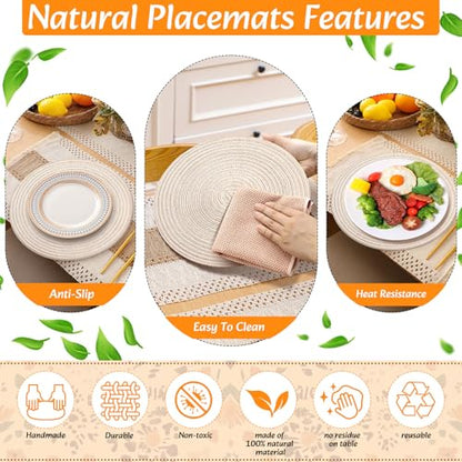 6 Sets Boho Round & Rectangular Woven Placemats Table Decor with Napkins & Rings - Farmhouse Style