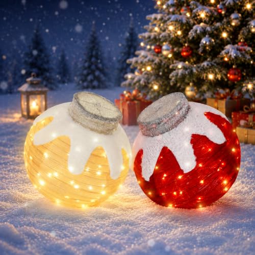 Lighted Outdoor Christmas Ornaments Set - Red & Beige 2 Pack with 160 LED Lights
