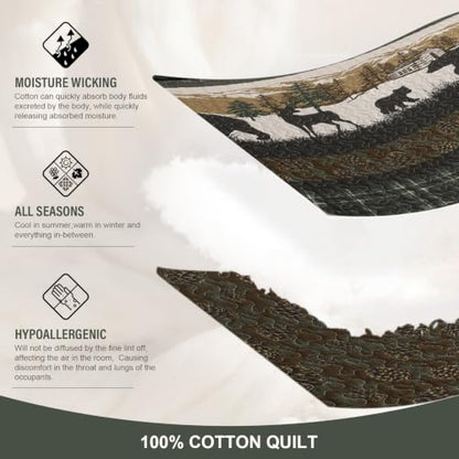 King Cotton Quilt Set with Deer and Bear Wildlife Design - Reversible, Rustic Lodge Bedding - Green/Brown/Beige, 98x106 inches