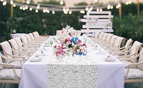 Silver Sequin Table Runner 12x108 Inch for Weddings Party & Holiday Decor - 2 Pack