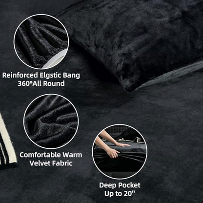 Velvet Fitted Sheet Queen Size Black - Fluffy Plush Bottom Bed Sheet