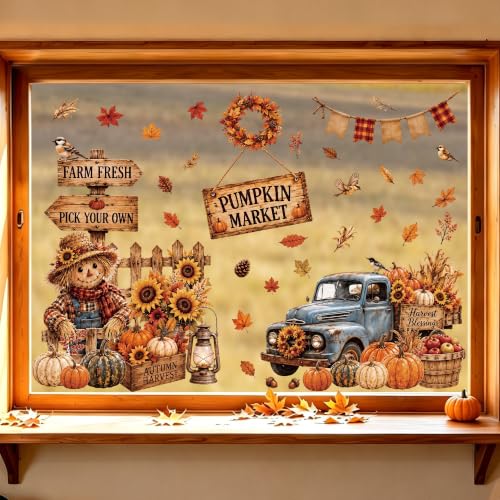 Fall Window Clings Set - Harvest Decor with Pumpkin Truck & Scarecrows