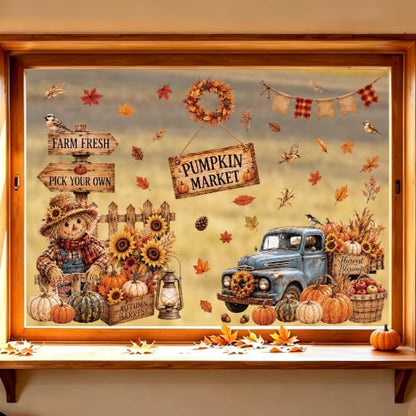 Fall Window Clings Set - Harvest Decor with Pumpkin Truck & Scarecrows