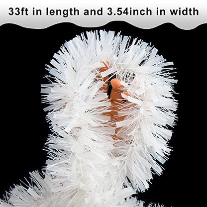 33ft White Christmas Tinsel Garland - Twisted Metallic Decor for Holiday & Home