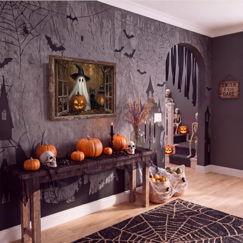 Halloween Oil Painting Canvas Wall Art 48 x 32 in - Classic Haunted Scene with Gilded Frame - Spooky Home Decor