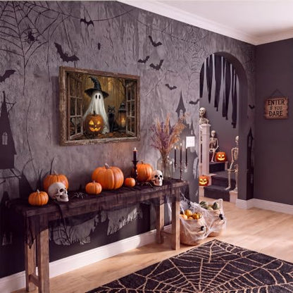 Halloween Oil Painting Canvas Wall Art 48 x 32 in - Classic Haunted Scene with Gilded Frame - Spooky Home Decor