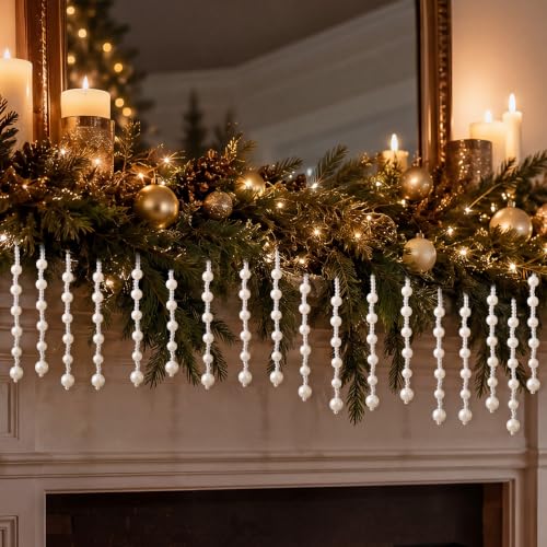 Pearl Christmas Tree Ornaments Set - 100 White Beads with Clear String