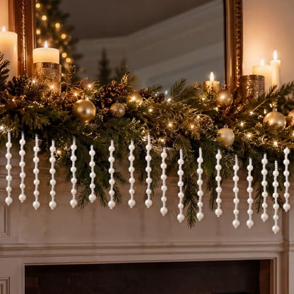 Pearl Christmas Tree Ornaments Set - 100 White Beads with Clear String