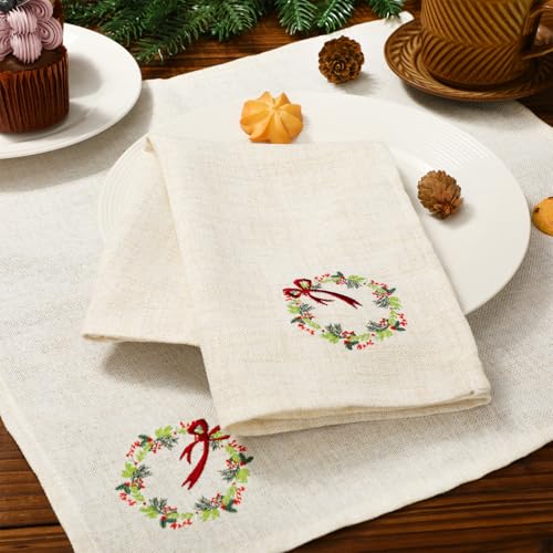 White Christmas Linen Napkins Set of 6 - Embroidered Wreath Holiday Table Decor