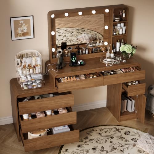 60-Inch Walnut Makeup Vanity Desk with Mirror, 9-LED Lights, 6 Drawers & Cabinet