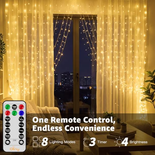 Ollny 200 LED Curtain Lights 6.6ft x 6.6ft Warm White String Lights with Remote