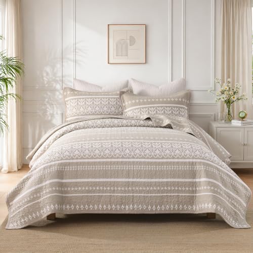 Boho King Quilt Set 100% Cotton Bedding with Pillow Shams - Beige