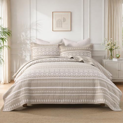 Boho King Quilt Set 100% Cotton Bedding with Pillow Shams - Beige