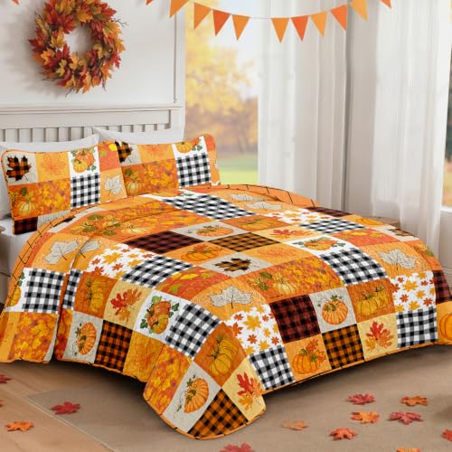 Thanksgiving Fall Quilt Set Queen Size Orange Patchwork Bedspread