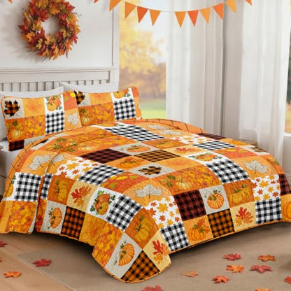 Thanksgiving Fall Quilt Set Queen Size Orange Patchwork Bedspread