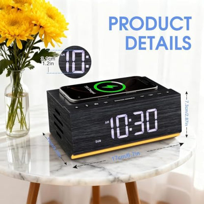 Wooden Digital Alarm Clock with Wireless Charging & Bluetooth Speaker