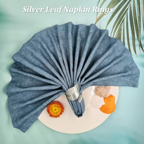 Silver Leaf Napkin Ring Set of 12 - Shiny Metal Table Decor for Holidays