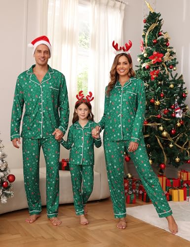 Kids Christmas Pajama Set - Snowflakes Green, Family Matching Sleepwear