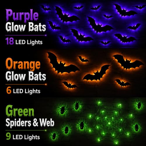 Halloween Light-Up Bat Wall Decor Set with Spiders & Web - 41 Pieces