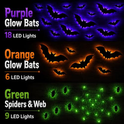 Halloween Light-Up Bat Wall Decor Set with Spiders & Web - 41 Pieces