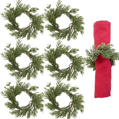 Green Pine Needle Napkin Rings Set of 6 for Christmas Table Decor
