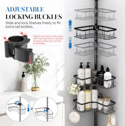 Corner Shower Caddy Tension Pole 4-Tier Rustproof Bathroom Organizer - Black