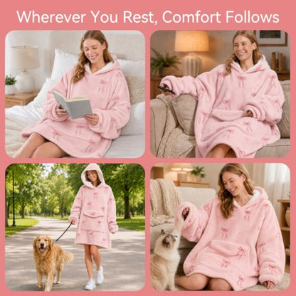 Pink Bow Wearable Blanket Hoodie for Women and Men - Oversized Cozy Hoodie with Pockets
