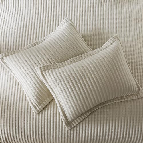 WDCOZY Cal King Size Quilt Set - Beige Striped Pick Stitch Bedspread