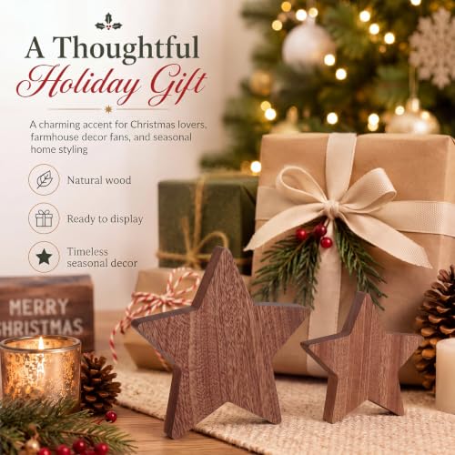 Rustic Wooden Christmas Stars Tabletop Decor Set - 4.72 Inches, 2 Pieces