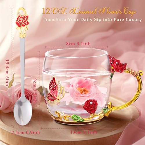 Women Glass Tea Coffee Mug Gift Set - Short Red Butterfly & Flower Design