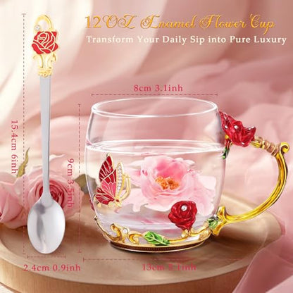 Women Glass Tea Coffee Mug Gift Set - Short Red Butterfly & Flower Design