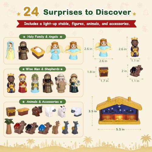 Kids Nativity Advent Calendar with Light Stable - Blue, 24 Days Christmas Countdown
