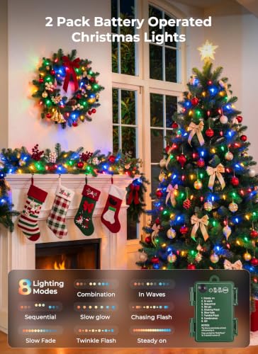 Multicolor Battery Operated Christmas String Lights 2 Pack - 100 LEDs, 8 Modes