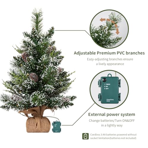 Mini Artificial Christmas Tree 2ft with LED Lights and Pine Cones, Tabletop Decor