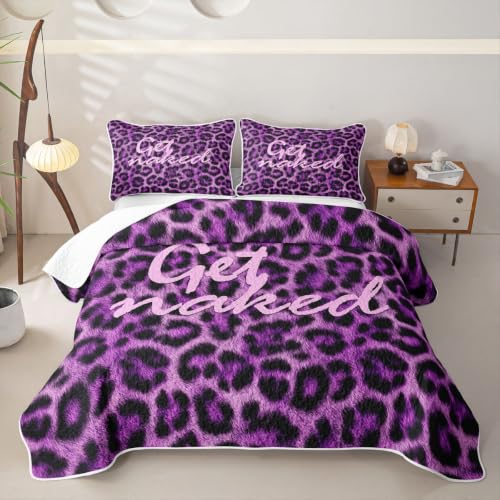 Lavender & Charcoal Leopard Print Get Naked Quilt Set Queen Lightweight Microfiber Bedding